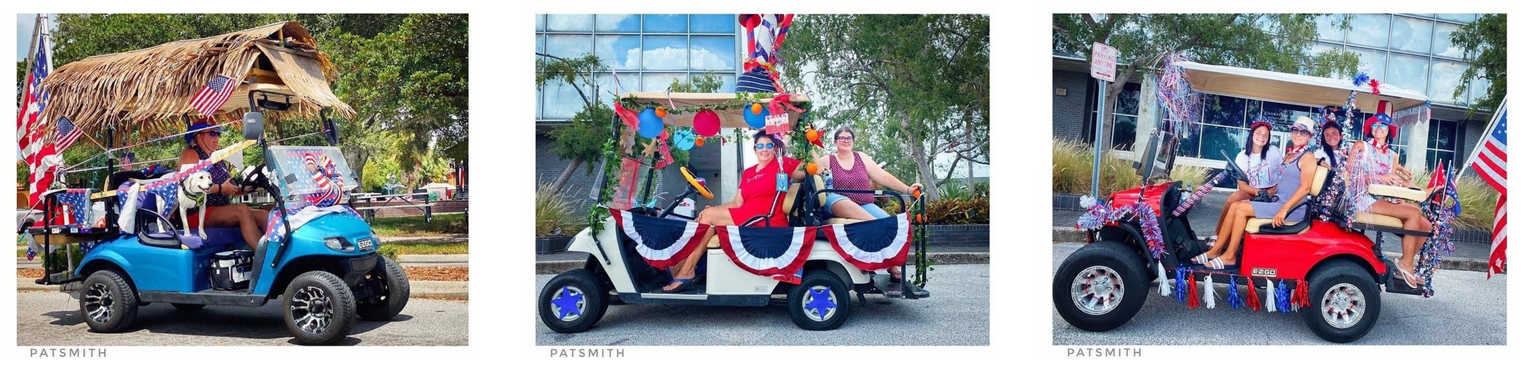 Three separate images of golf carts, each dressed in patriotic decorations.